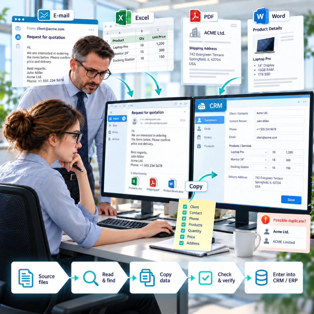 Сотрудники вручную переносят данные из E-mail, Excel, PDF и Word в CRM.