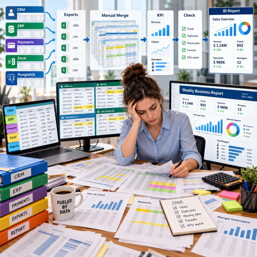 Сотрудница вручную сводит выгрузки CRM, ERP, платежей, Excel и PostgreSQL, рассчитывает KPI и проверяет отчёт.