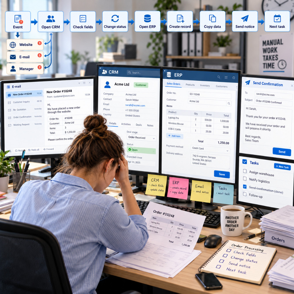 Сотрудница вручную обрабатывает заказ, проверяет CRM, заполняет ERP, отправляет подтверждение и создаёт задачи.